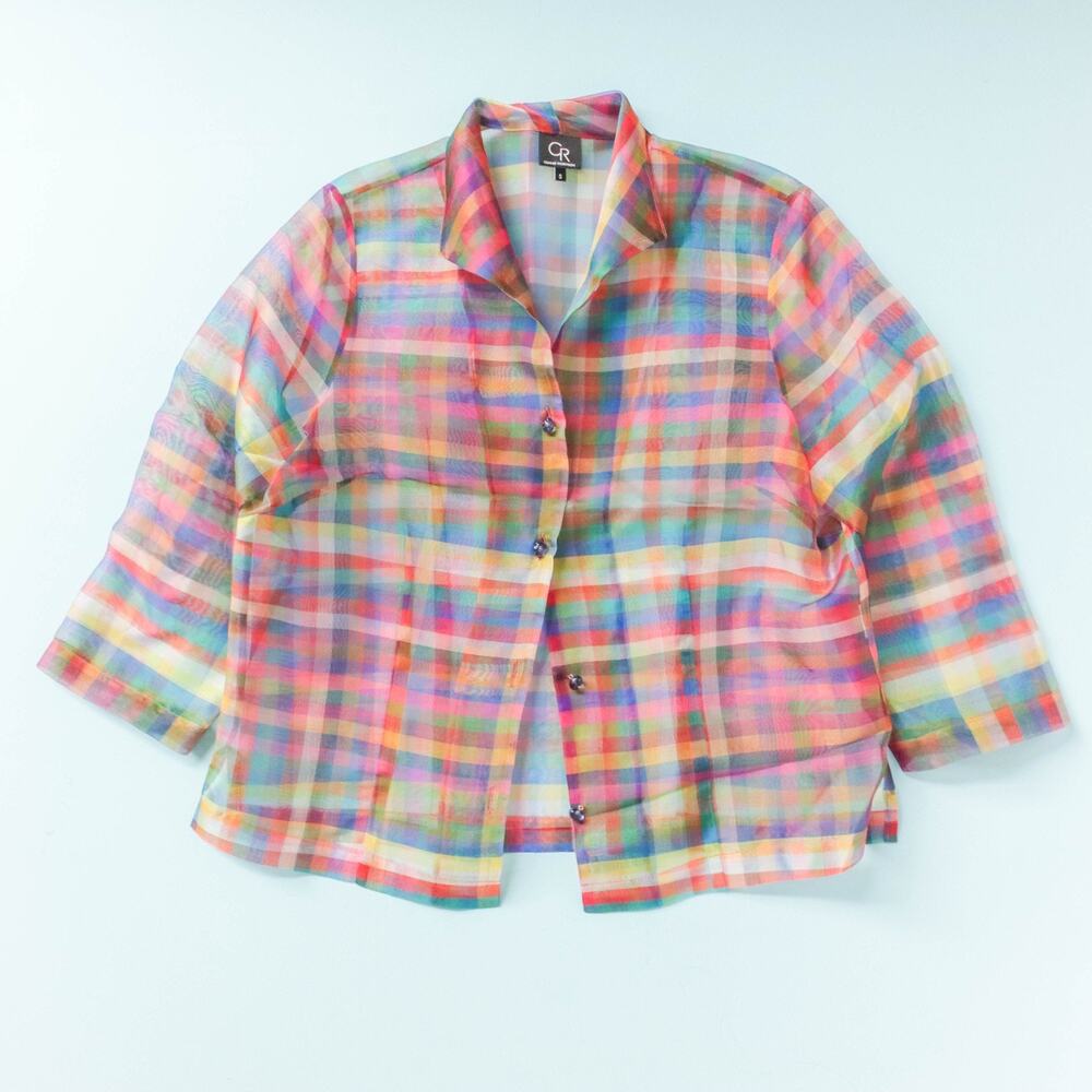 Connie Roberson Rainbow Plaid Button Front Blouse Womens Small Made in USA Sheer